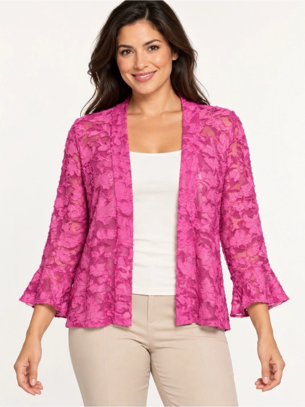 Susan Graver Burnout Floral Bell Cuff Shrug Foxy Pink Medium A724955